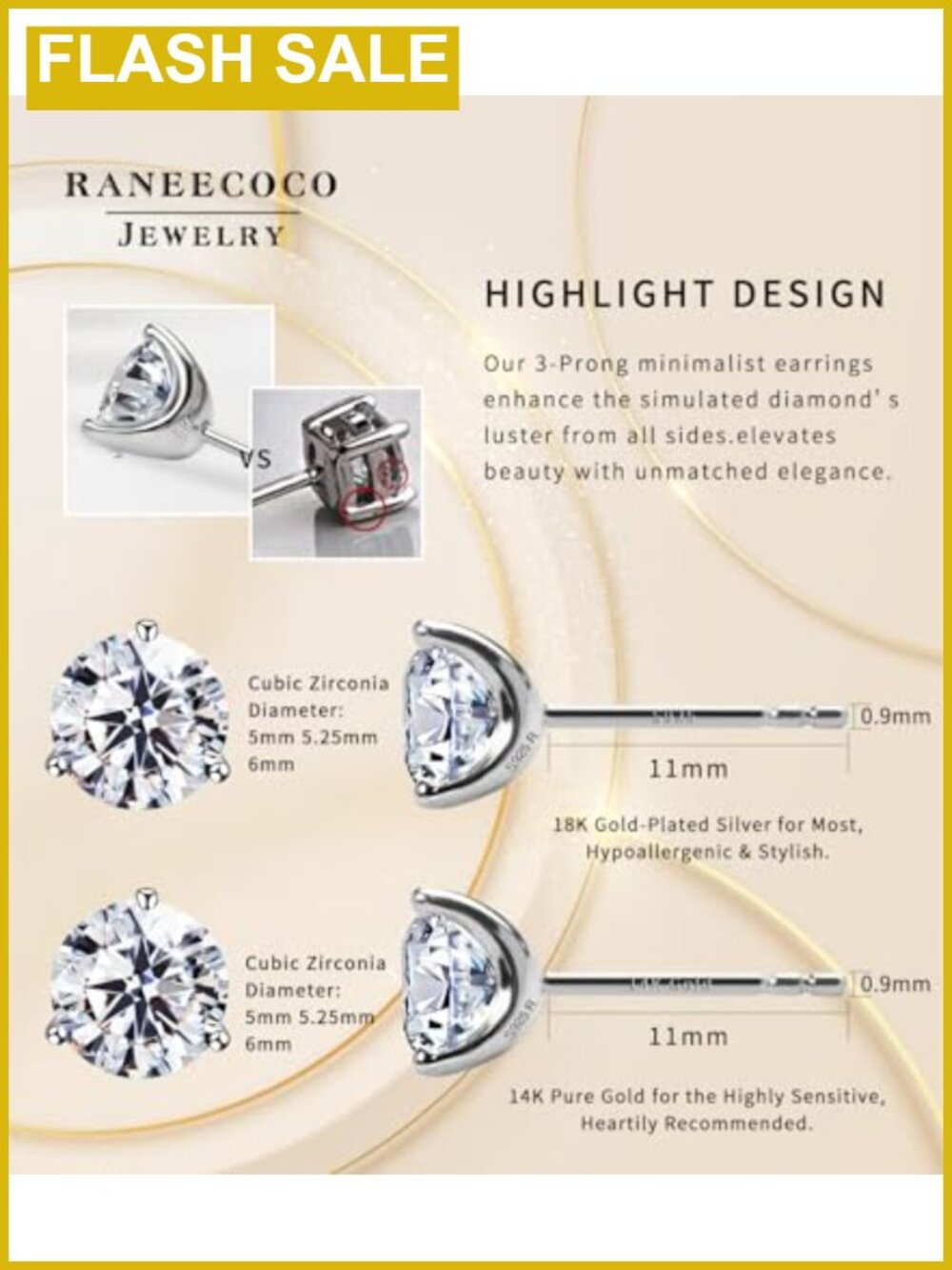 18K Gold Plated Silver Simulated Diamond Cubic Zirconia Stud Earrings - Picture 2 of 6